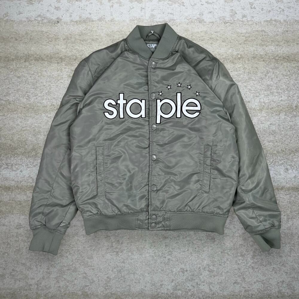 Vintage Y2K Staple Satin Jacket Mens M Sage Green White Spellout Logo Button Up